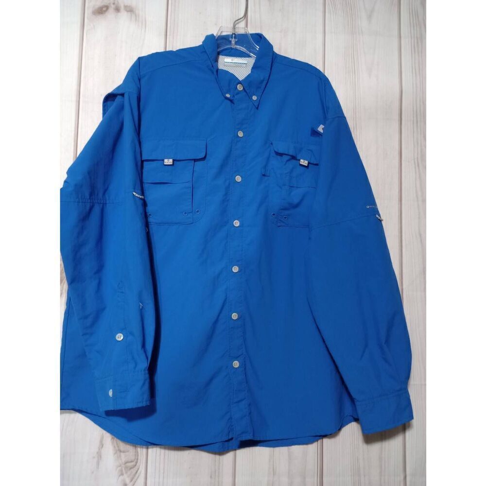 Columbia Shirt Men's Large Omni-Shade Fishing Gear Button Front Blue Long Sleeve